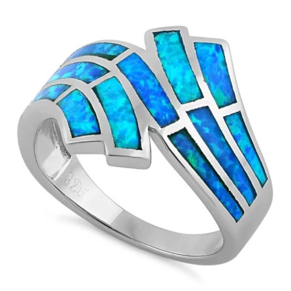925 STERLING SILVER Lab Created Blue Fire Opal Wave Ring - Picture 13 of 16